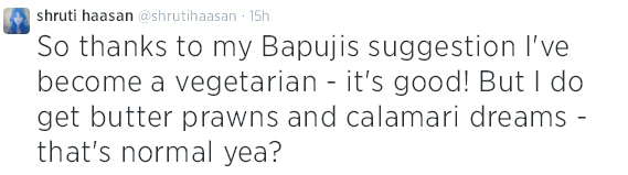 తండ్రి సలహాతో శాకాహారిగా మారిన శృతి హాసన్. 2 shruthi-haasan-tweet