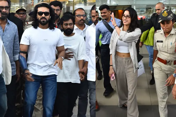 ఫోటోలు : గ్రాండ్ ఈవెంట్ కోసం విజయవాడ ఎయిర్‌పోర్ట్‌కు చేరుకున్న రామ్ చరణ్, జాన్వీ కపూర్ మరియు పెద్ది టీమ్